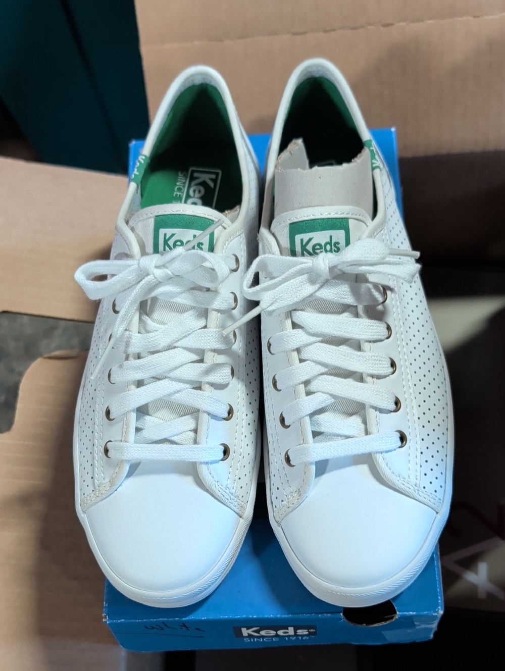 Keds Champion White Leather Perforated Lace-Up Sneakers with Green Accents NIB